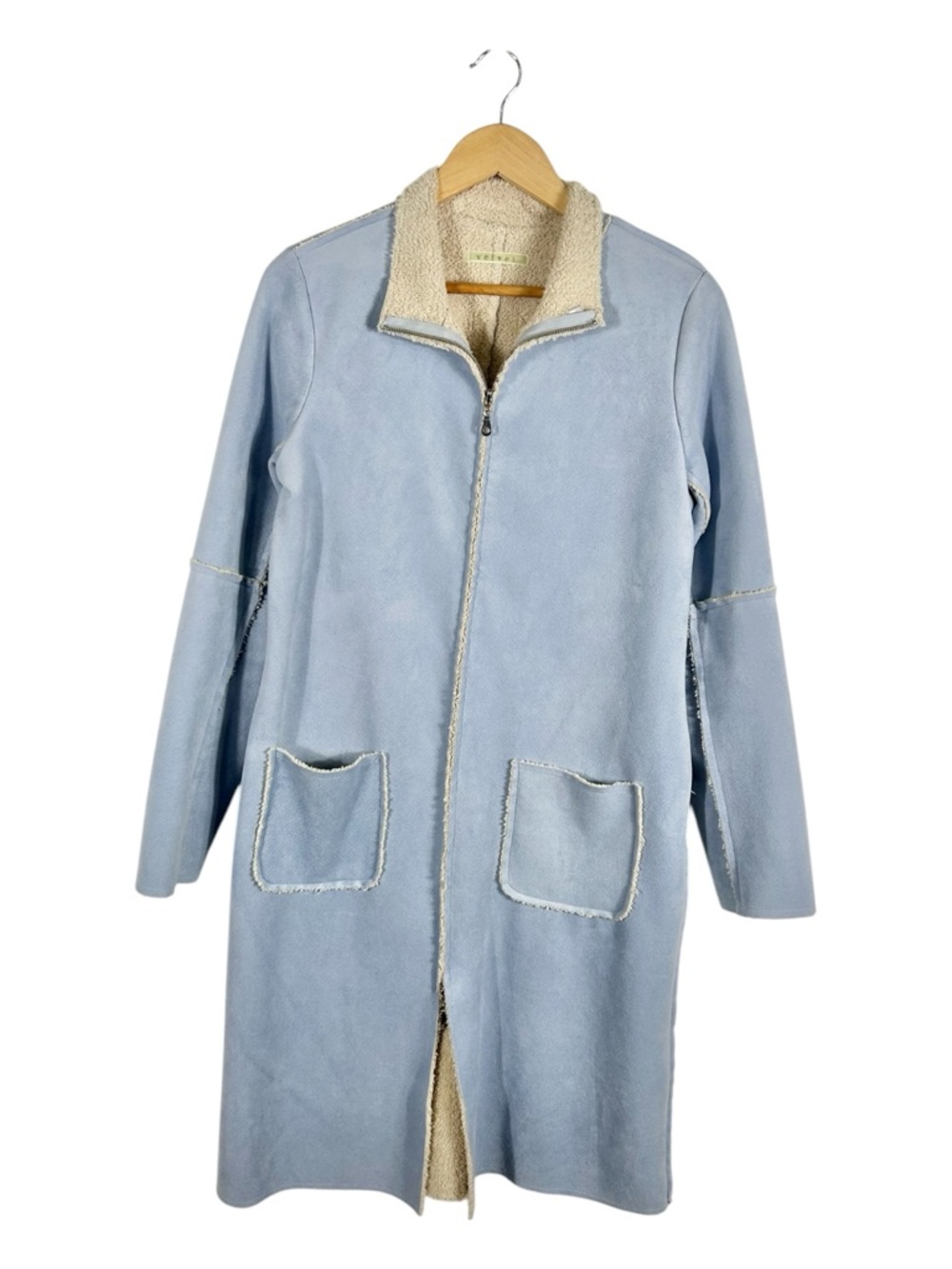 Velvet Light Blue Suede Shearling Lined Coat Size Medium
